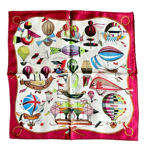 Hermes Accessories - HERMES “Les Folies Du Ciel” Red Multicolor Colorful 100% Silk Scarf Carre 40